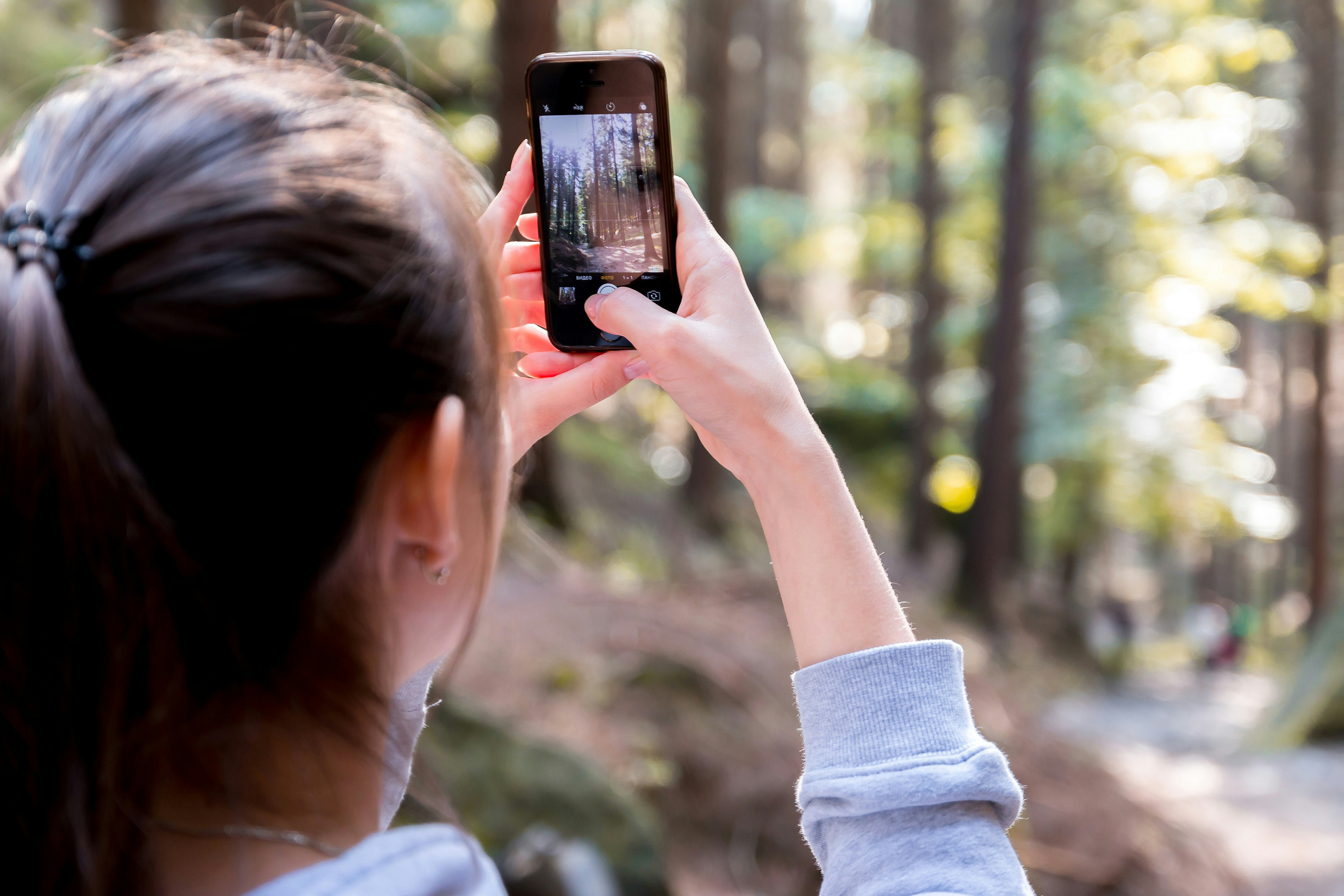 back view of a girl taking a picture of the forest